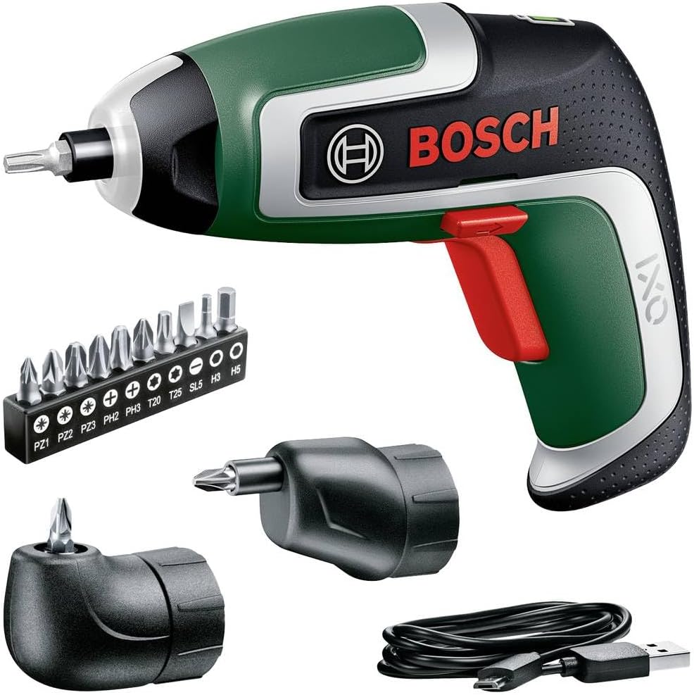 Bosch akülü tornavida IXO (7. nesil; 3,6 V; 2,0 Ah; 5,5 Nm; set açılı ve eksantrik başlık dahil; mikro USB kablosu; 190 vidaya kadar vidalayın; saklama kutusunda